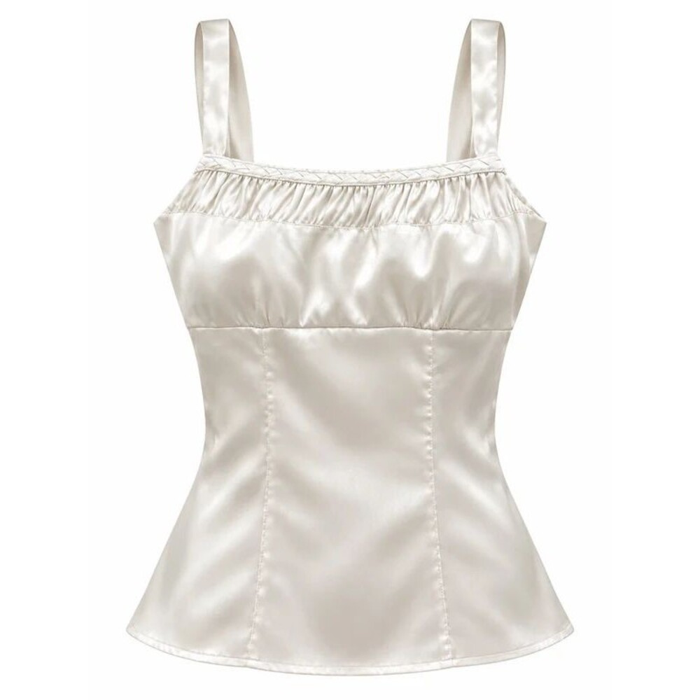 Ivory Satin Tank Top Ruched Square Neck Fitted Sleeveless Cami Y2K